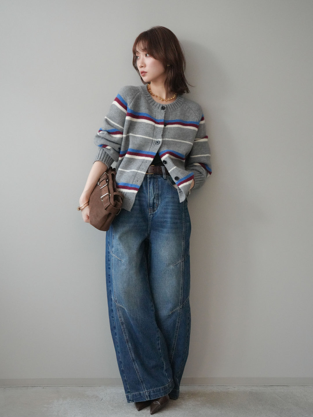 [予約]ランダムボーダーニットカーディガン/gray