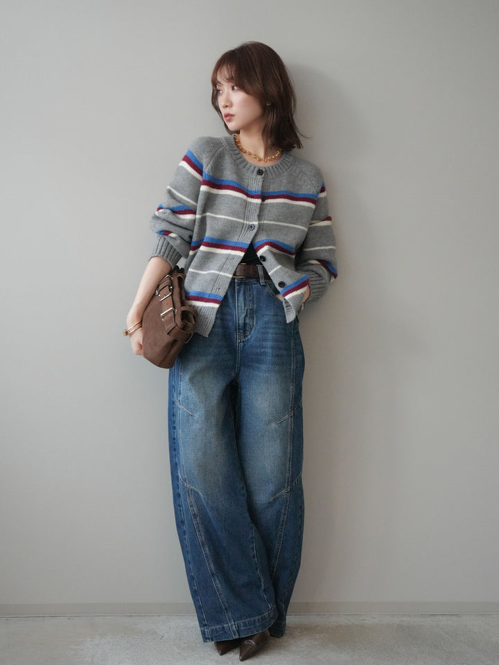 [予約]ランダムボーダーニットカーディガン/gray