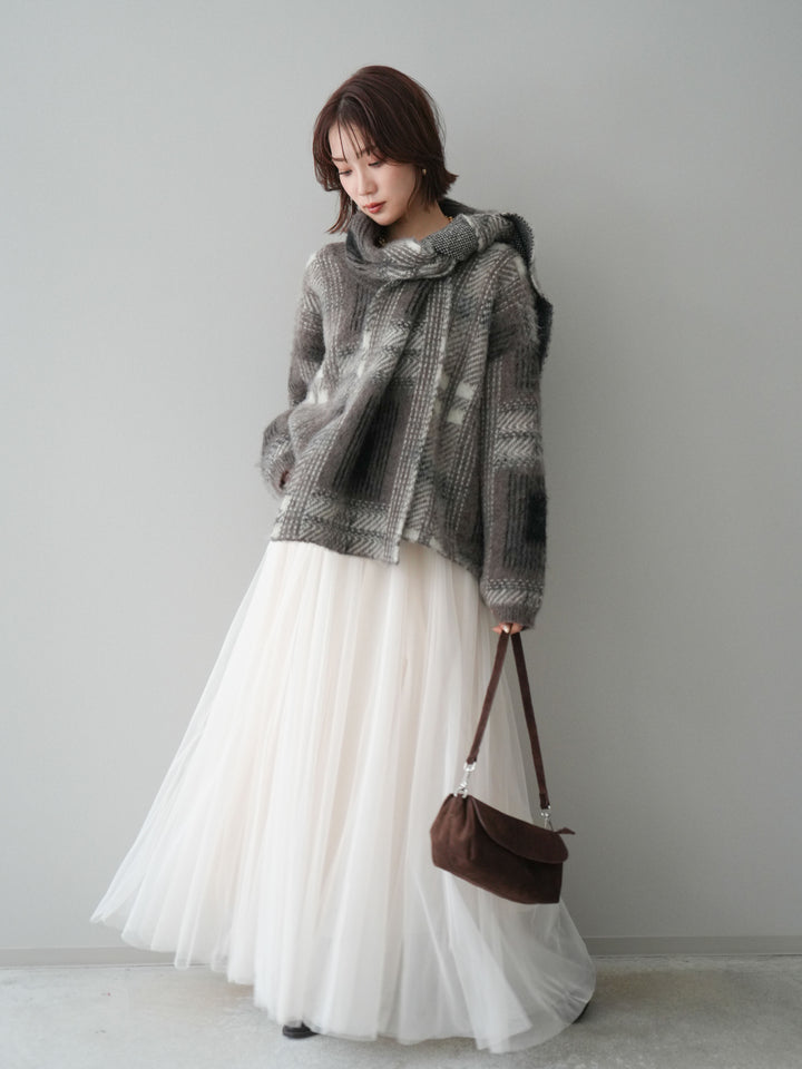 [予約]ストール付シャギーチェックニットプルオーバー/brown