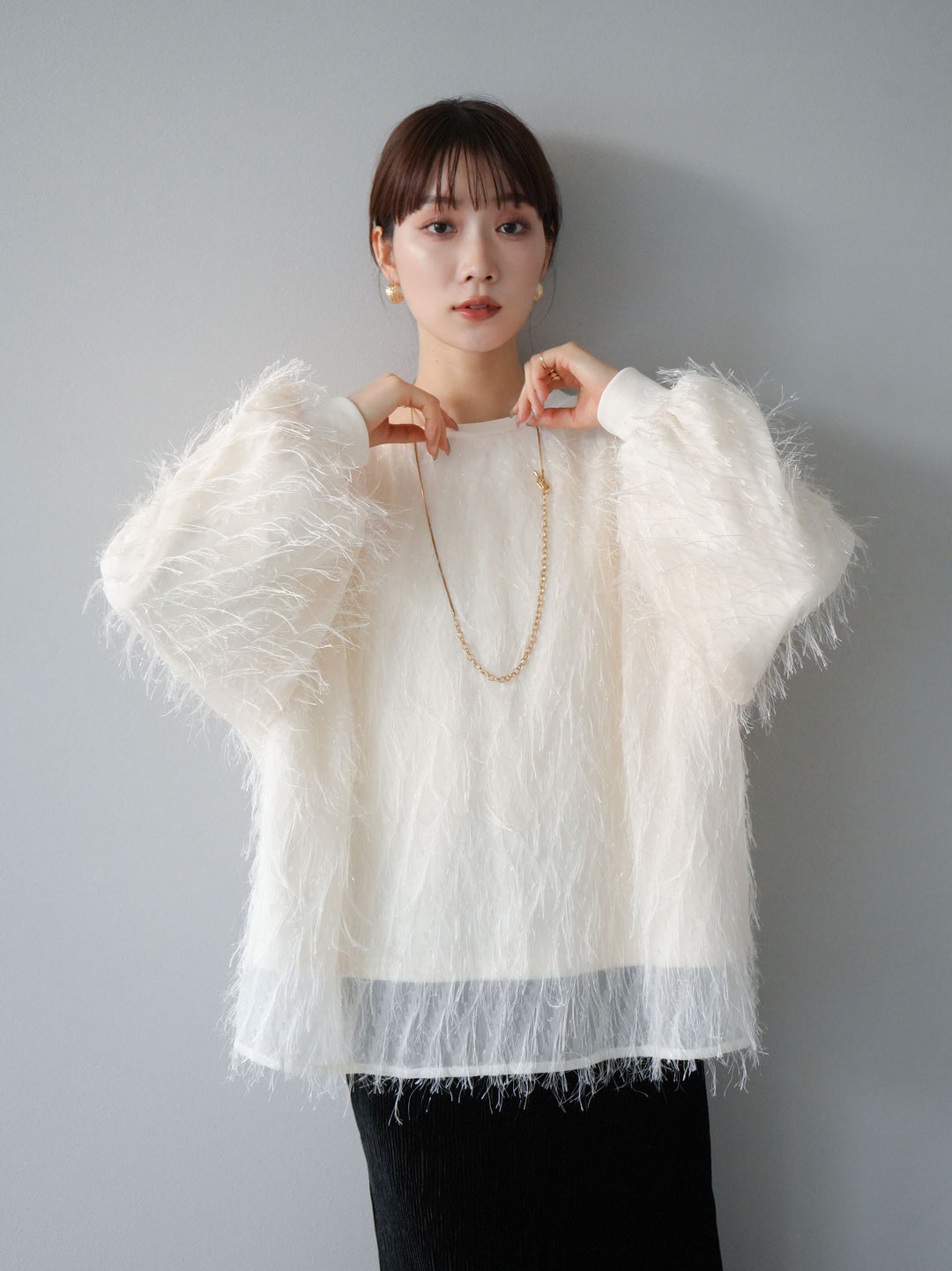 【預購】流蘇薄紗多層抓絨套頭衫/象牙色