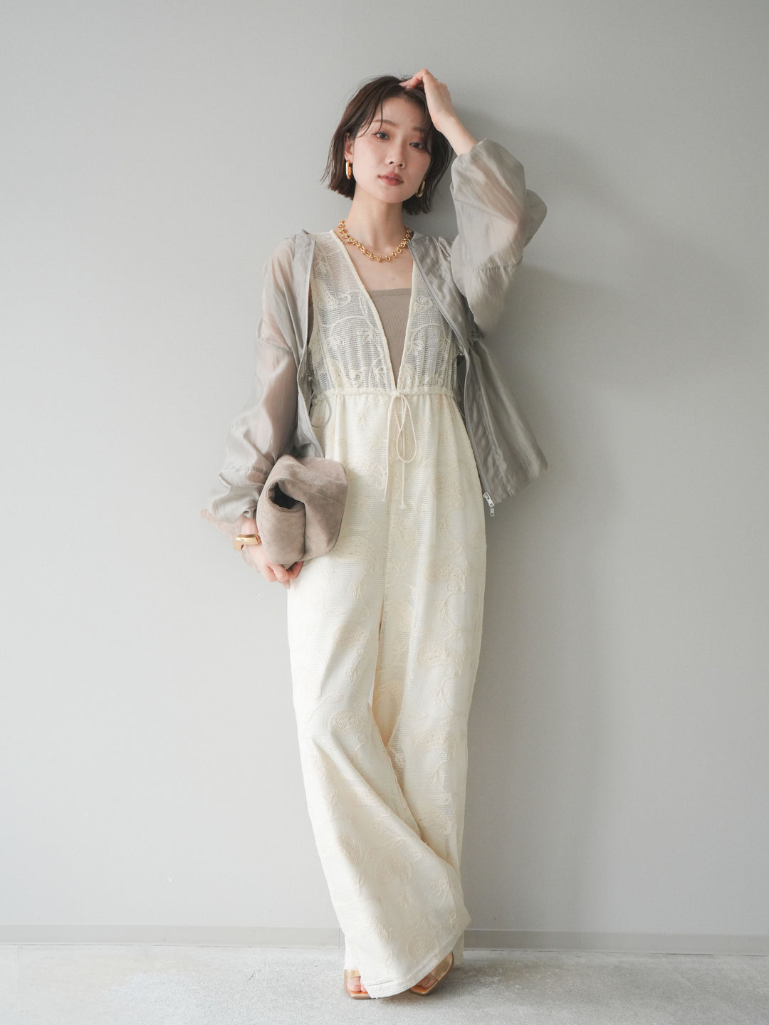 [SET]レース刺繍サロペット+ドロストシアーブルゾン(2set)