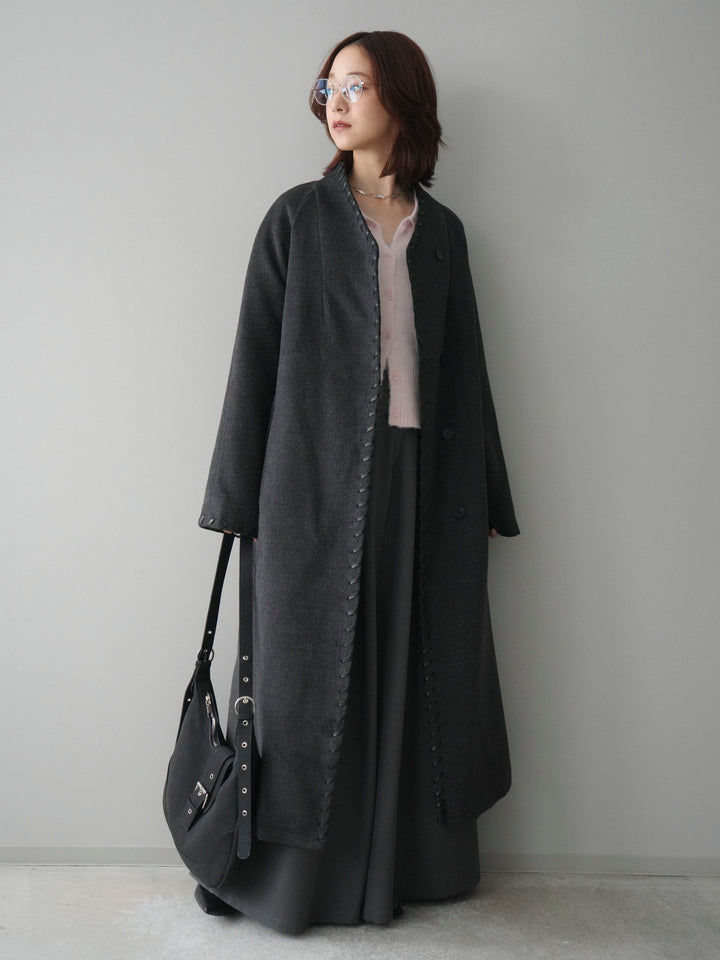 [SET]ハンドステッチ裏中綿ロングコート+モヘア衿付きボタンプルオーバー+テープベルトタックバギーパンツ(3set)