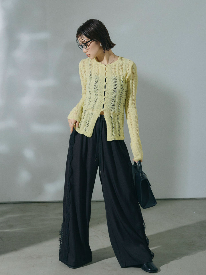 [予約]サイドピンタックレースイージーワイドパンツ/black