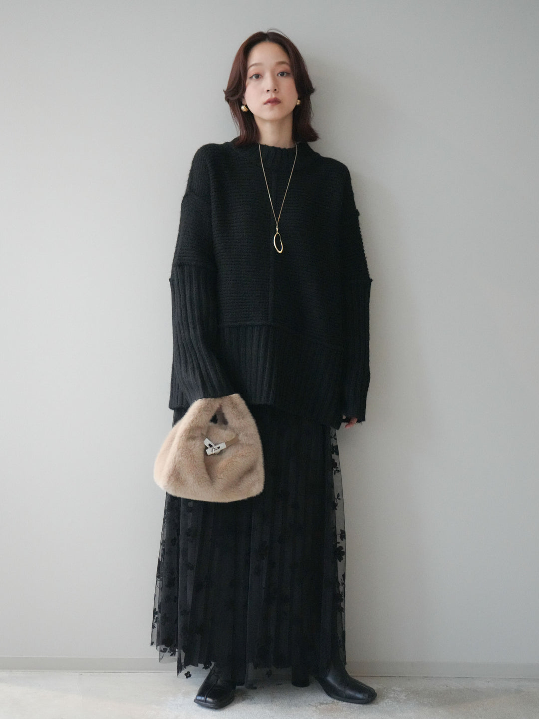 [SET]編み地切替ボトルネックニットプルオーバー+フラワーフロッキーチュールプリーツスカート(2set)