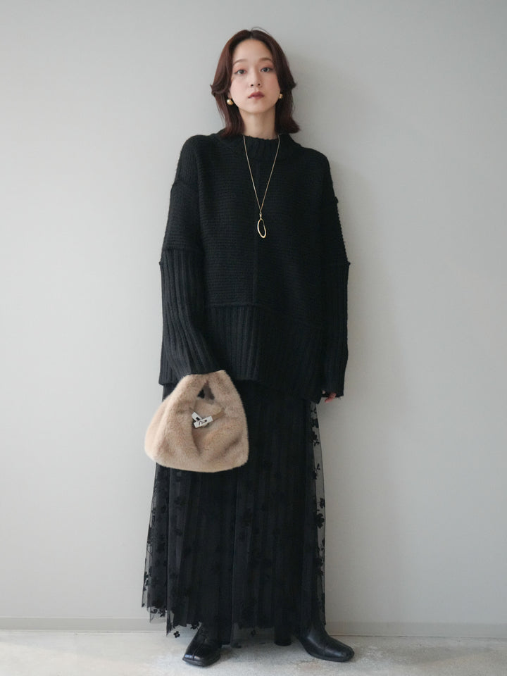 [SET]編み地切替ボトルネックニットプルオーバー+フラワーフロッキーチュールプリーツスカート(2set)
