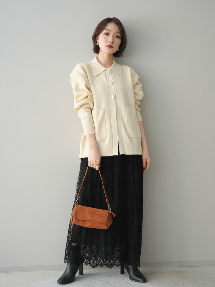 [予約]メタルボタン襟付きポリエステルニットカーディガン/ivory