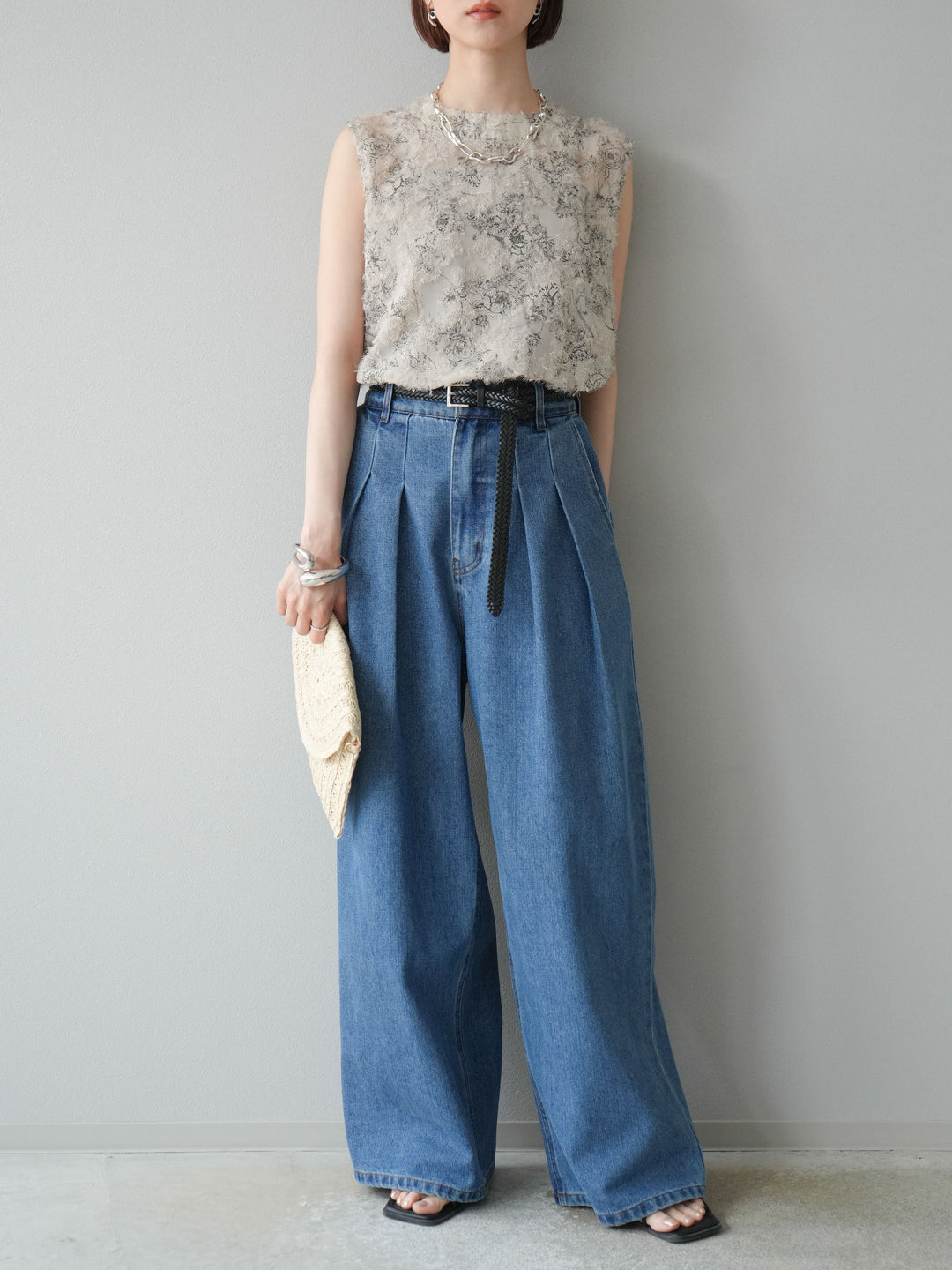 【預購】雙褶寬牛仔褲/藍色