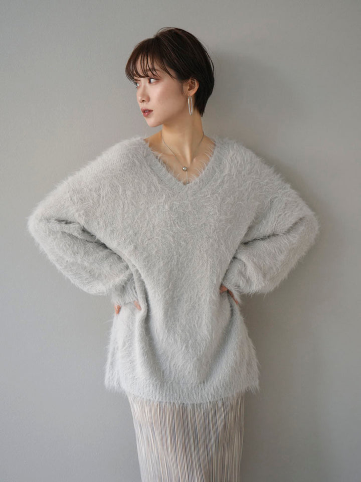 [Pre-order] V-neck shaggy knit tunic/gray