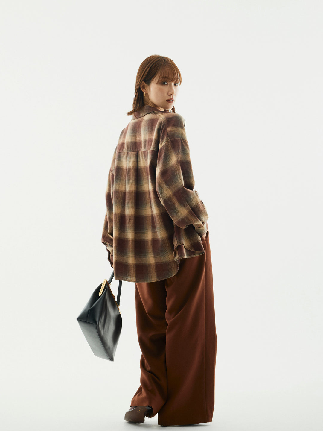 【Allure】[SET]オンブレチェックオーバーシャツ+ラップデザインタックワイドパンツ(2set)