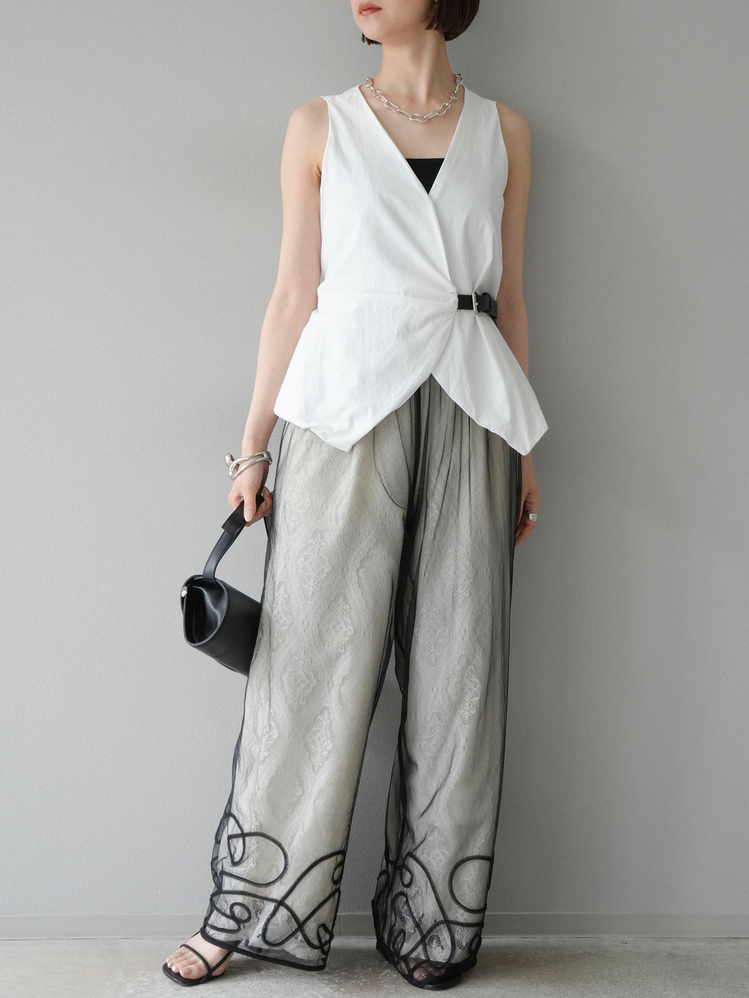 [SET]ベルトデザインバルーンブラウス+レースタックイージーパンツ+コード刺繍チュールレイヤードパンツ(3set)