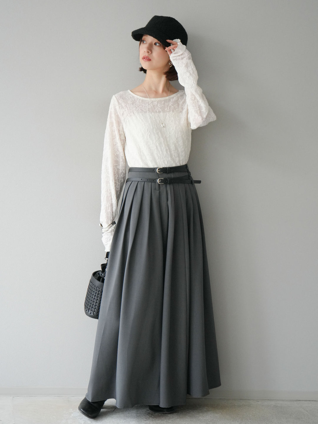 [SET]シアージャガードトップス+エステルプリーツスリットスカート(2set)