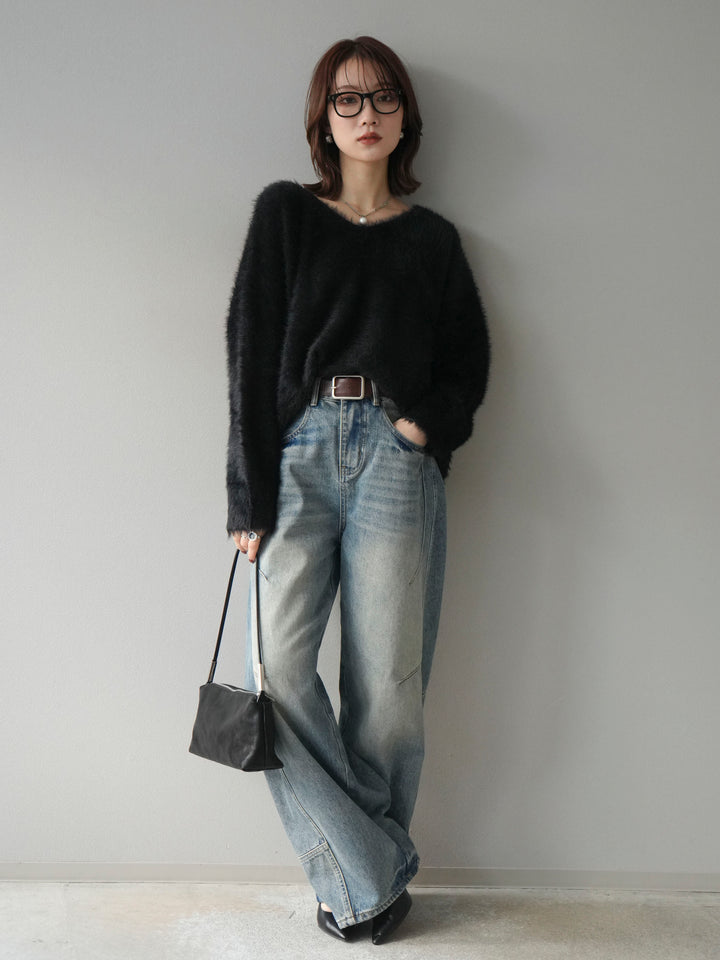 [予約]バックリボンVネックシャギーニットプルオーバー/black