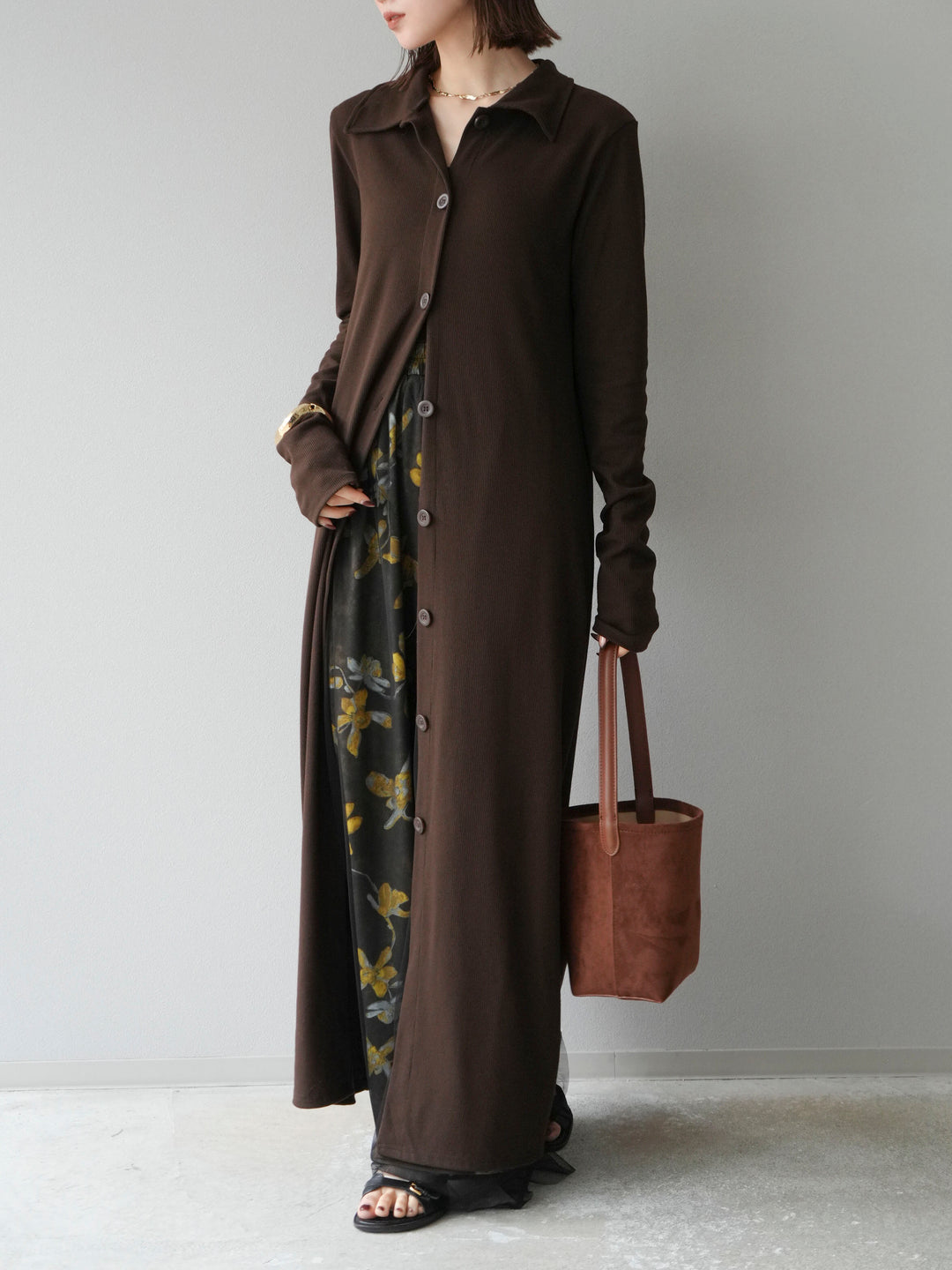 [SET]襟付きカットリブボタンワンピース+フラワープリントチュールレイヤードパンツ(2set)