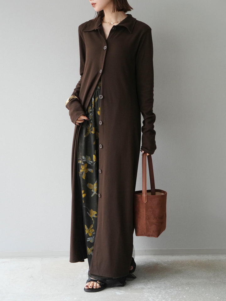 [SET]襟付きカットリブボタンワンピース+フラワープリントチュールレイヤードパンツ(2set)