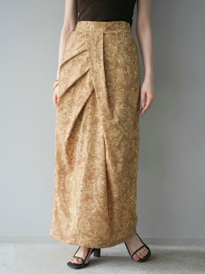 [予約]ペイズリープリントタックIラインスカート/ベージュ