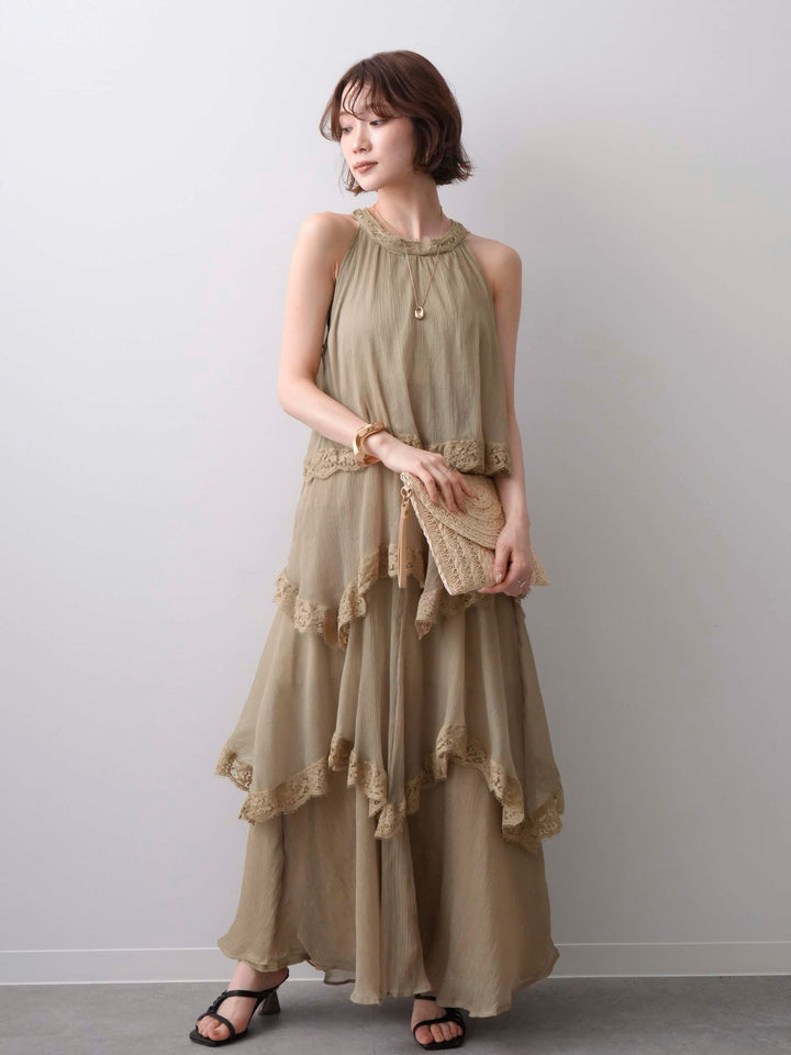 [予約]レースヘムティアードノースリドレス/khaki