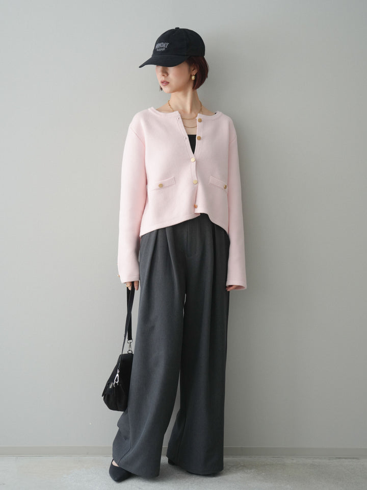 [SET]ゴールドボタンノーカラーニットジャケット+サテンベルトタックワイドパンツ(2set)
