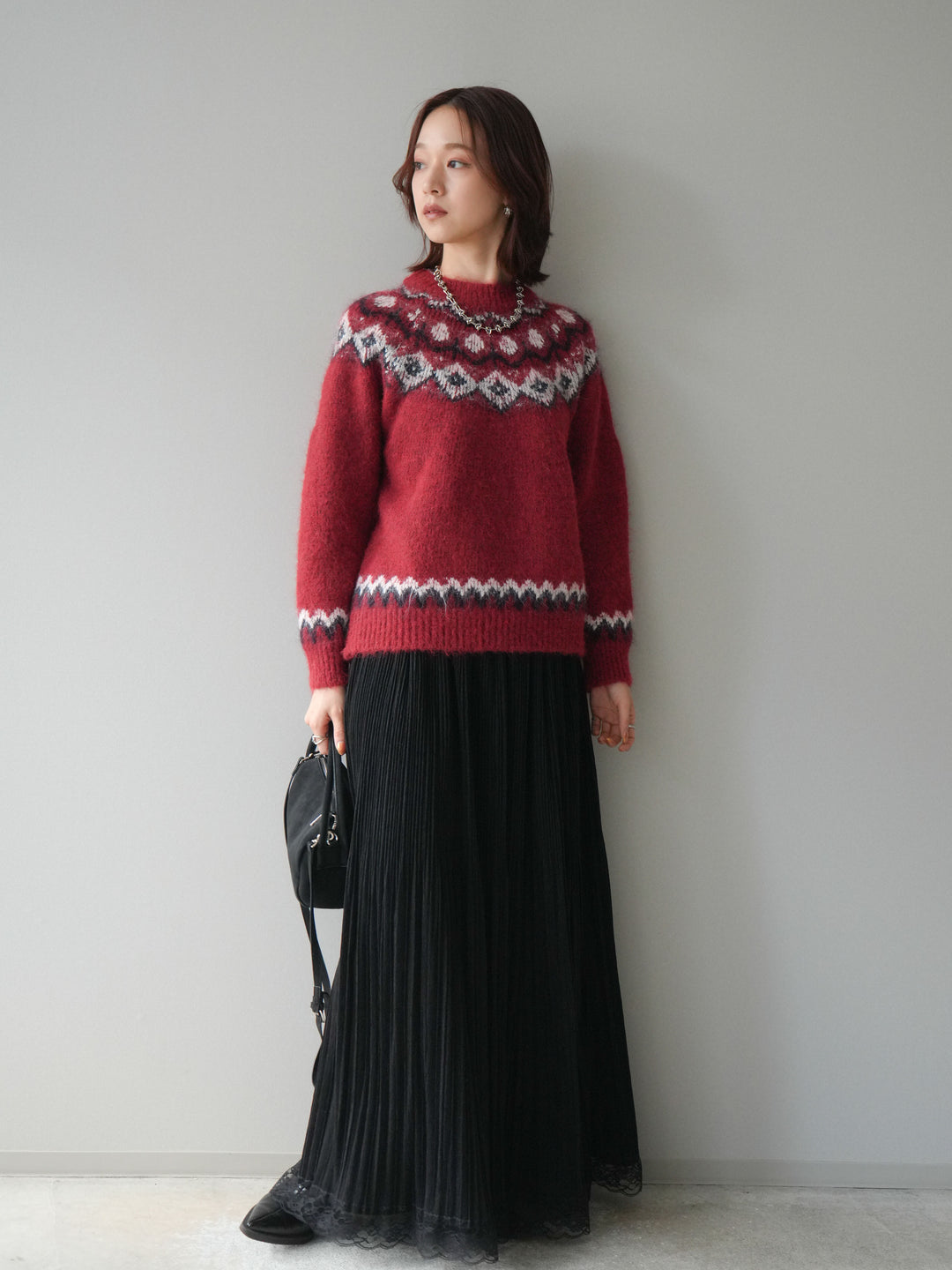 [SET]ソフトタッチ求心柄ニットプルオーバー+裾レーススウェードプリーツマキシスカート(2set)