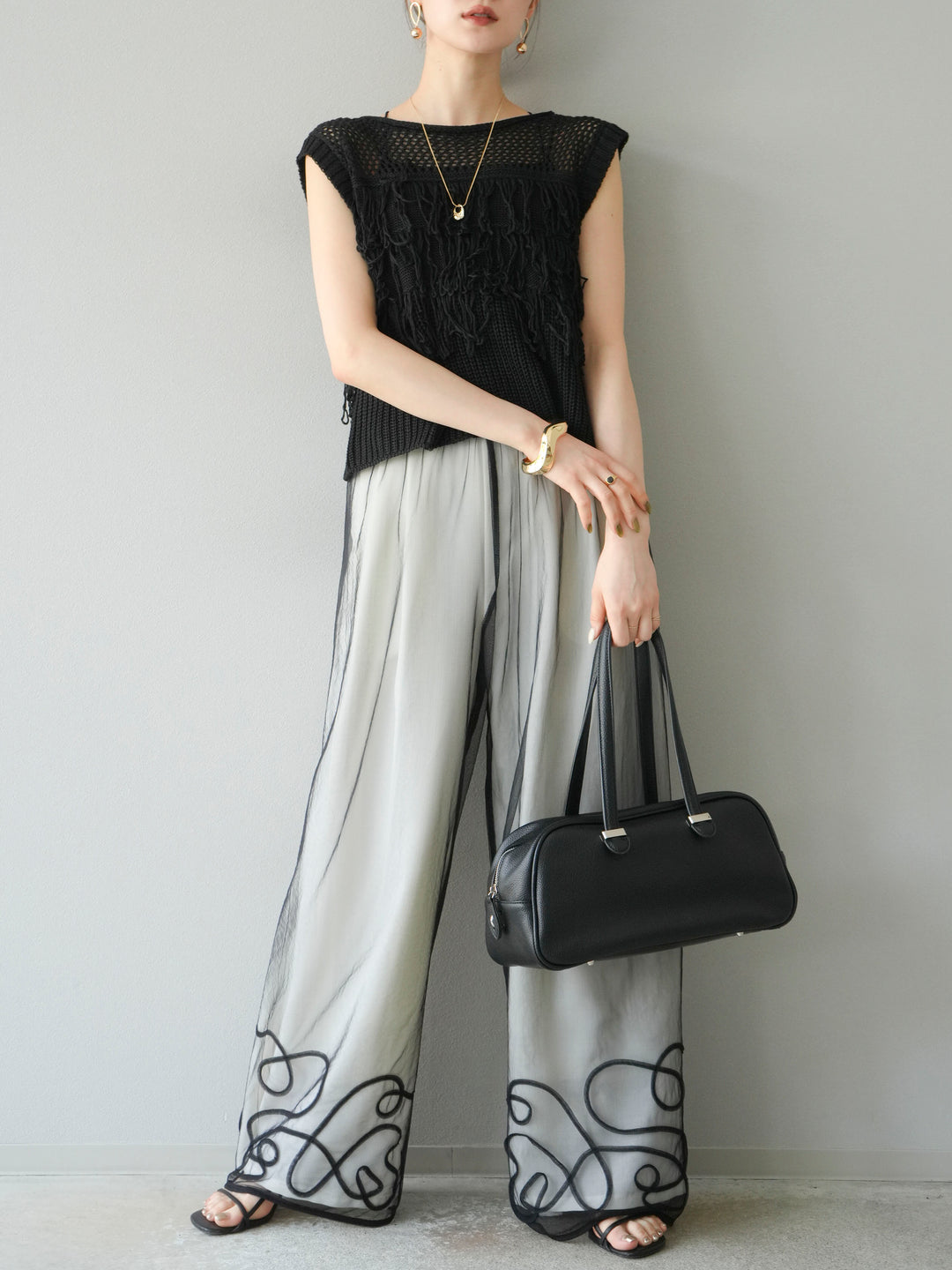 [SET]透かし編みフリンジニットトップス+コード刺繍チュールレイヤードパンツ(2set)