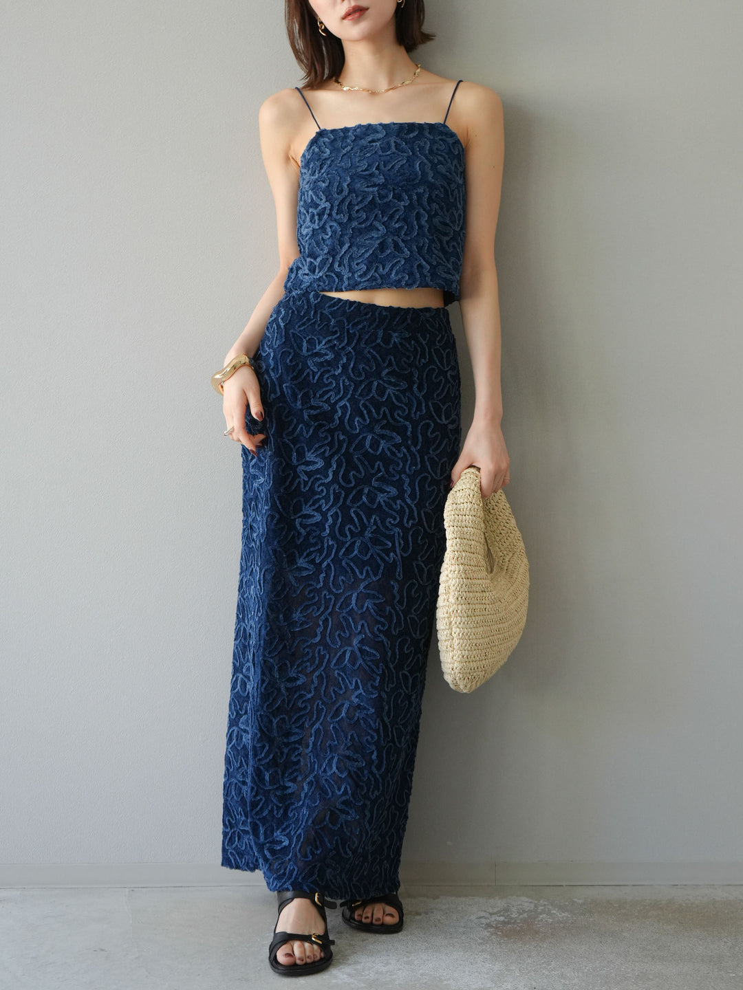 [予約]パイピングフラワーシアーベロアスカート/ネイビー