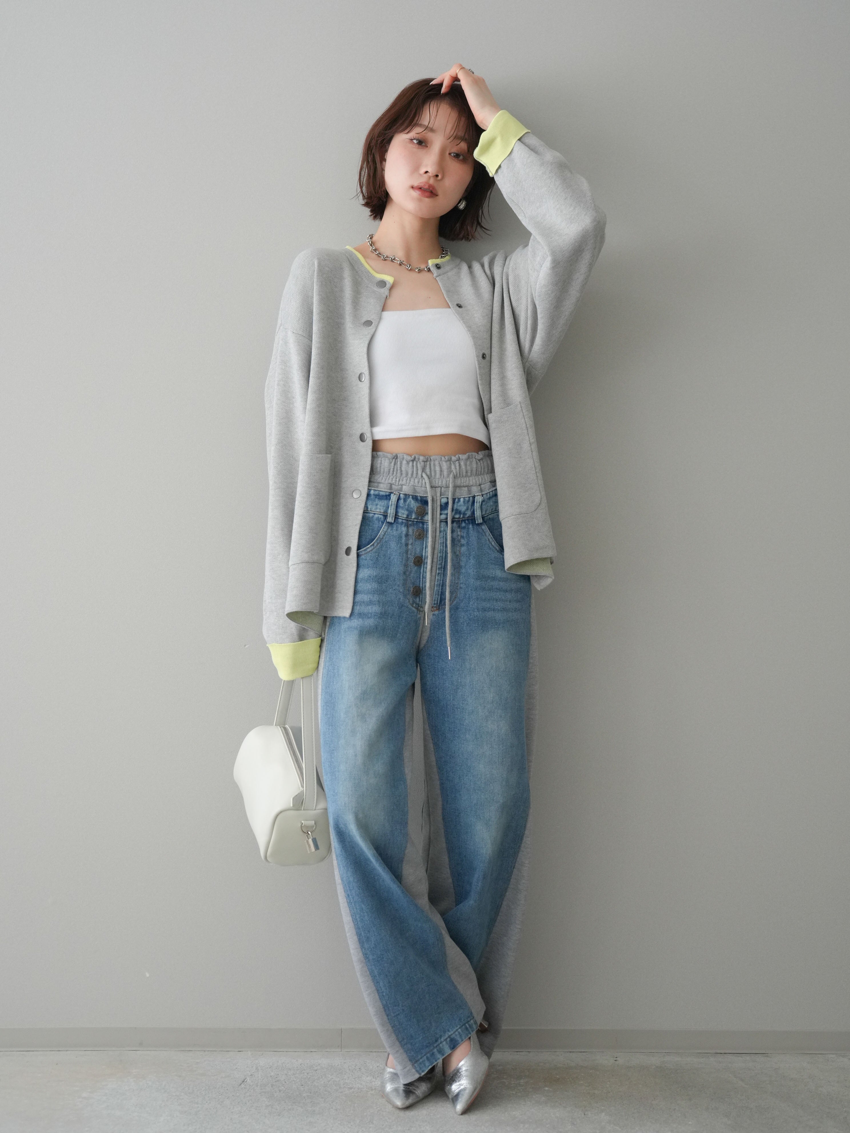 SET]バイカラーオーバーニットカーディガン+デニム切替スウェット