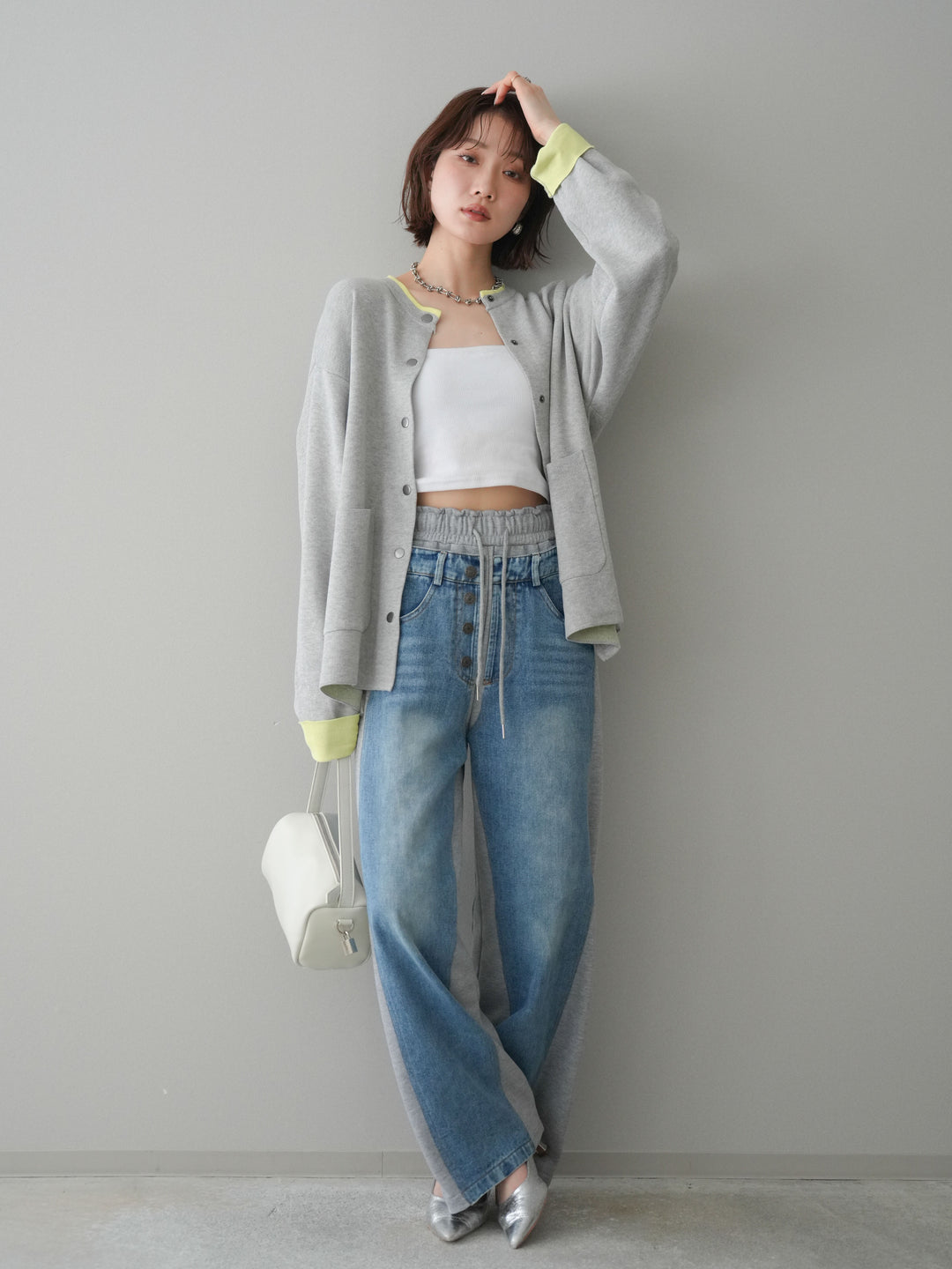 [SET]バイカラーオーバーニットカーディガン+デニム切替スウェットパンツ(2set)