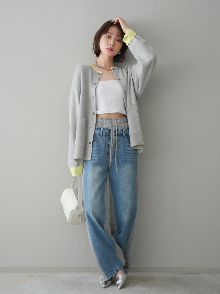 [SET]バイカラーオーバーニットカーディガン+デニム切替スウェットパンツ(2set)