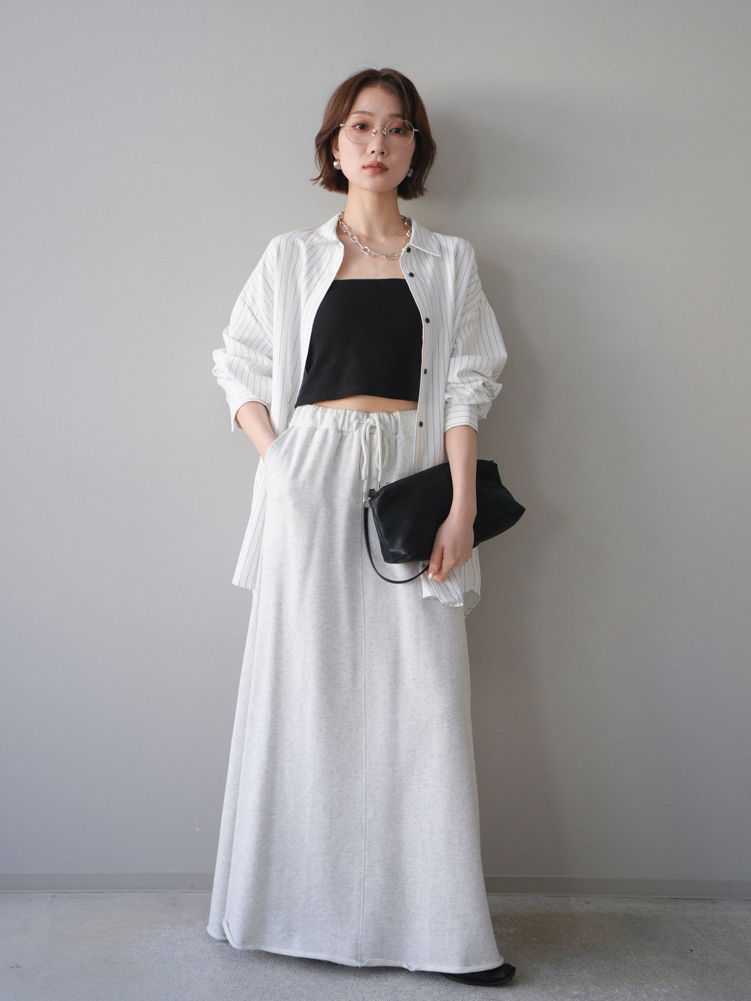 [SET]2WAYカシュクールストライプブラウス+スウェットフレアロングスカート(2set)