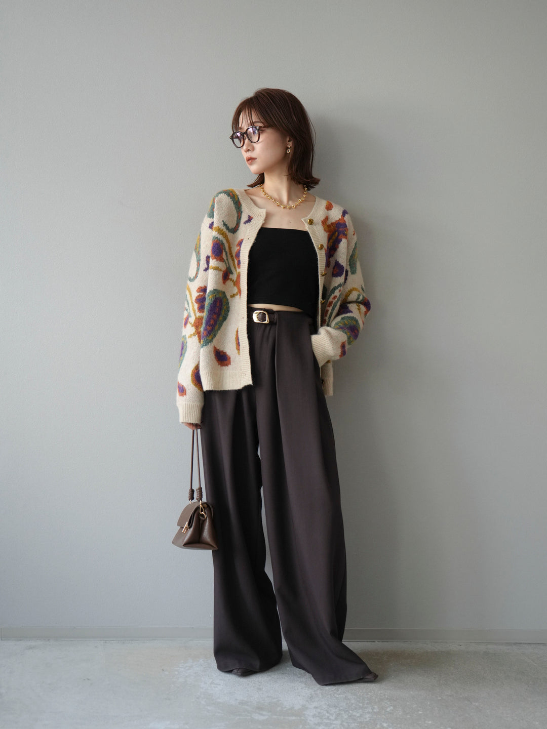 【着回しセット】[SET]求心柄クロップドニットカーディガン+ミックスヤーンペイズリー柄ニットカーディガン+ベルトループデザインワイドパンツ(3set)