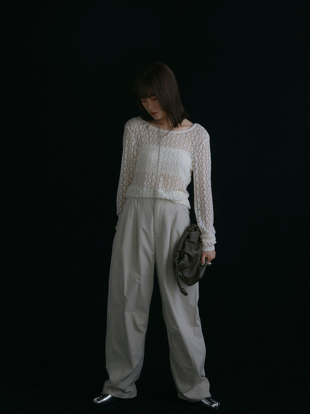 【Allure】[SET]バックラウンドレーストップス+タフタワイドカーブパンツ(2set)