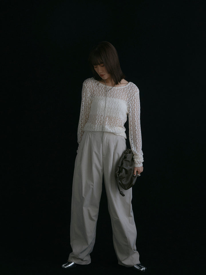 【Allure】[SET]バックラウンドレーストップス+タフタワイドカーブパンツ(2set)