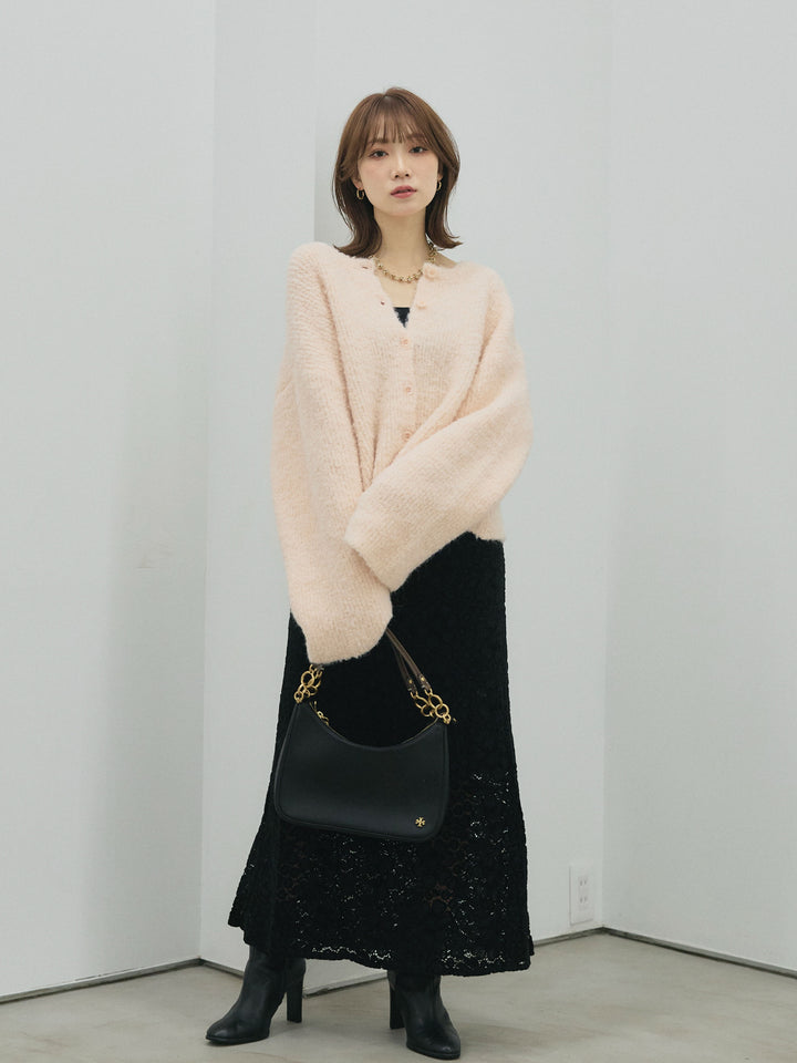 【Allure】[SET]ブークレニットカーディガン+起毛レースストレッチナロースカート(2set)