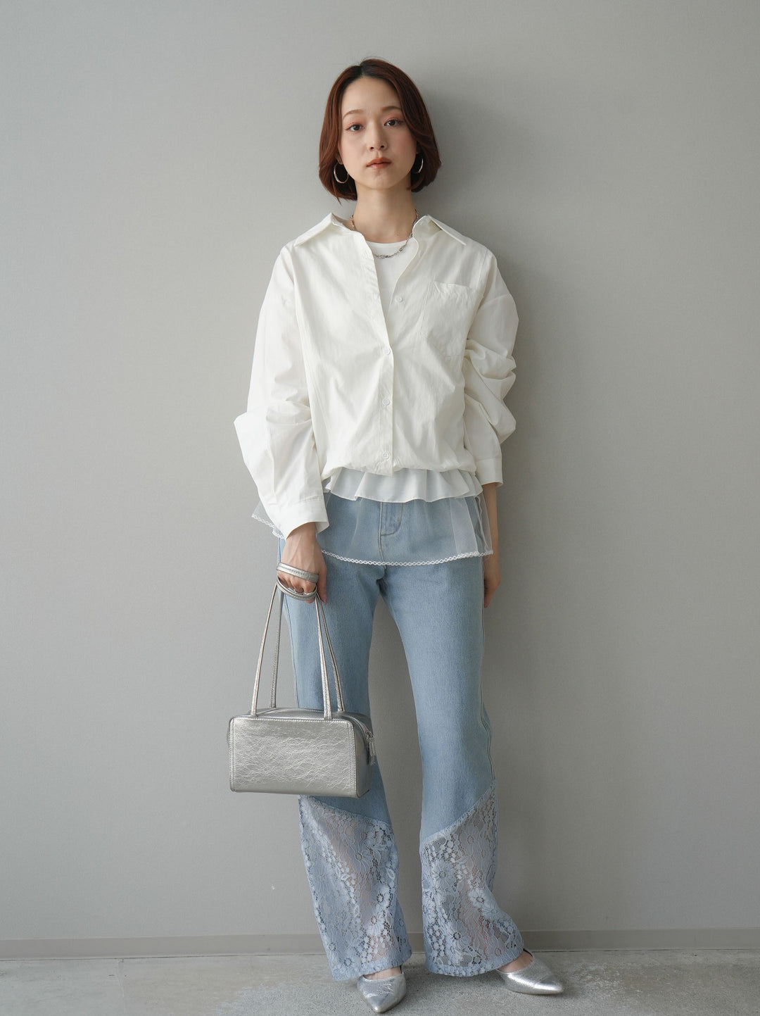 [予約]レース切替フレアデニムパンツ/bleach