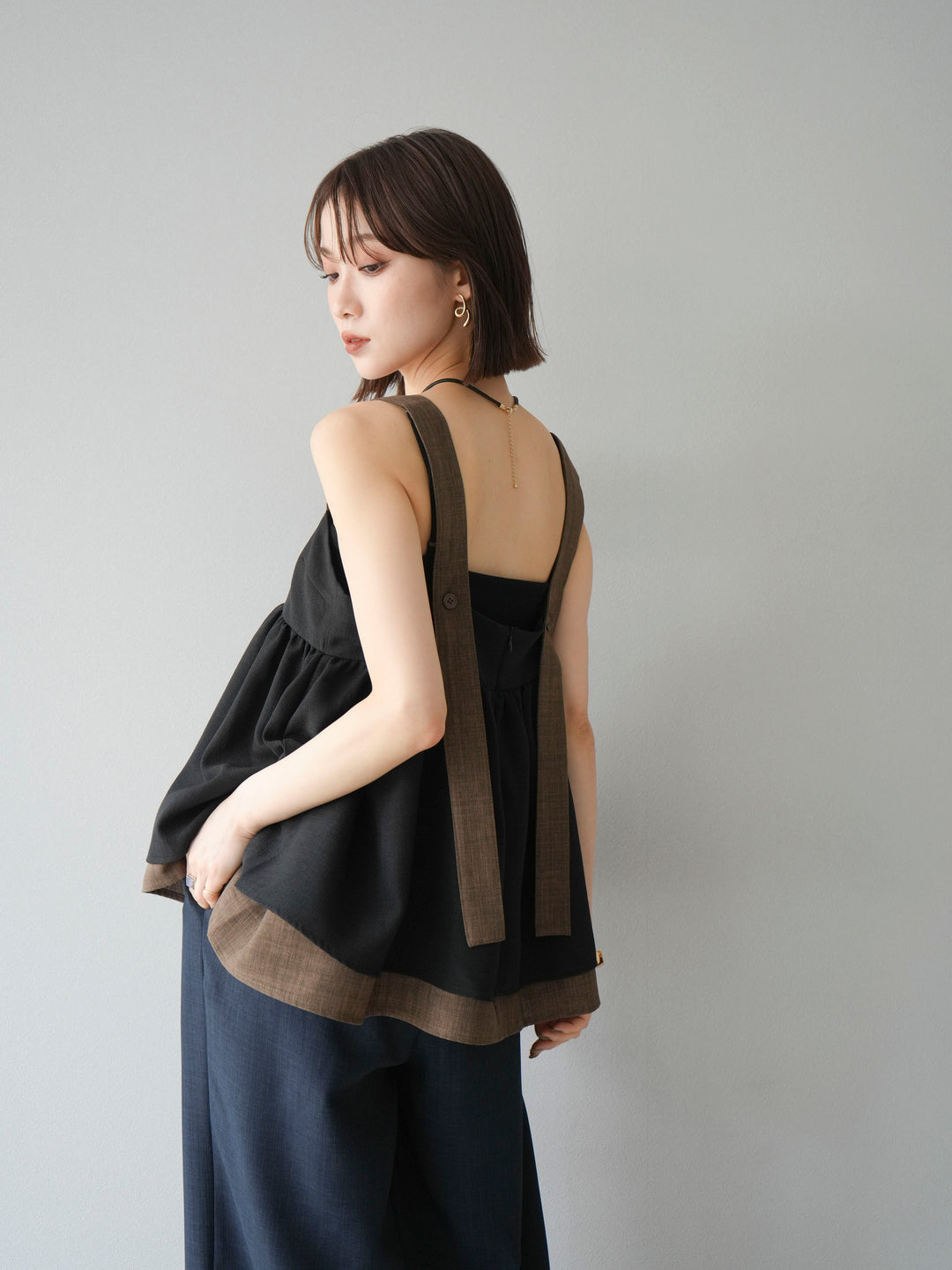 [予約]リネンライク配色フレアタンクトップ/ブラック