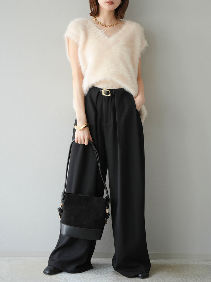 [預購] 皮帶環設計寬褲/黑色