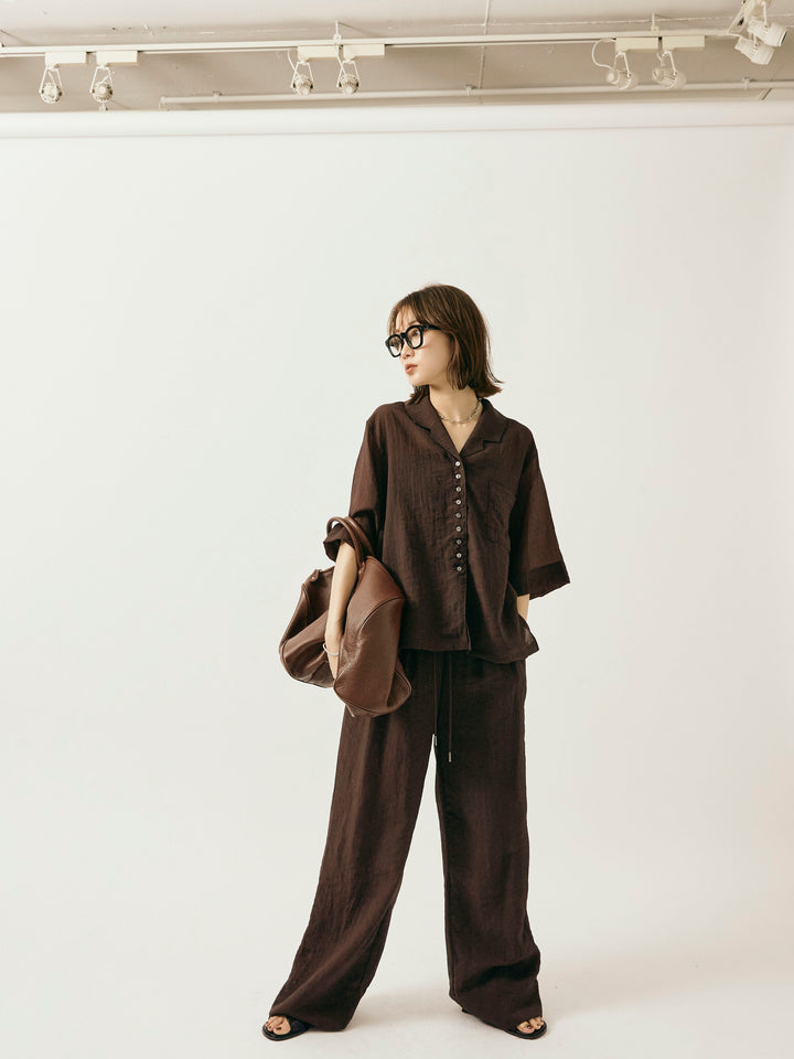 【Allure】[SET]シャイニースラブシアー開襟ハーフシャツ+シャイニースラブシアーワイドパンツ(2set)