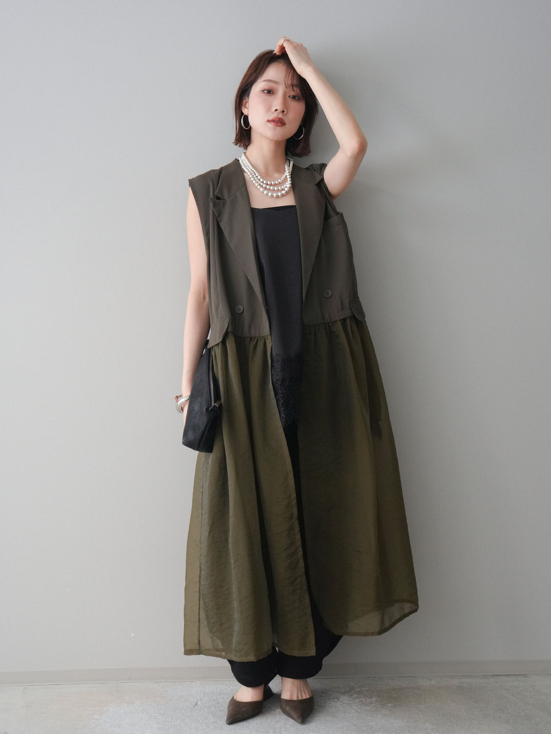 [SET]シアーレイヤードテーラードロングジレ+レーストリムキャミソール+2WAYデザインスウェットパンツ(3set)