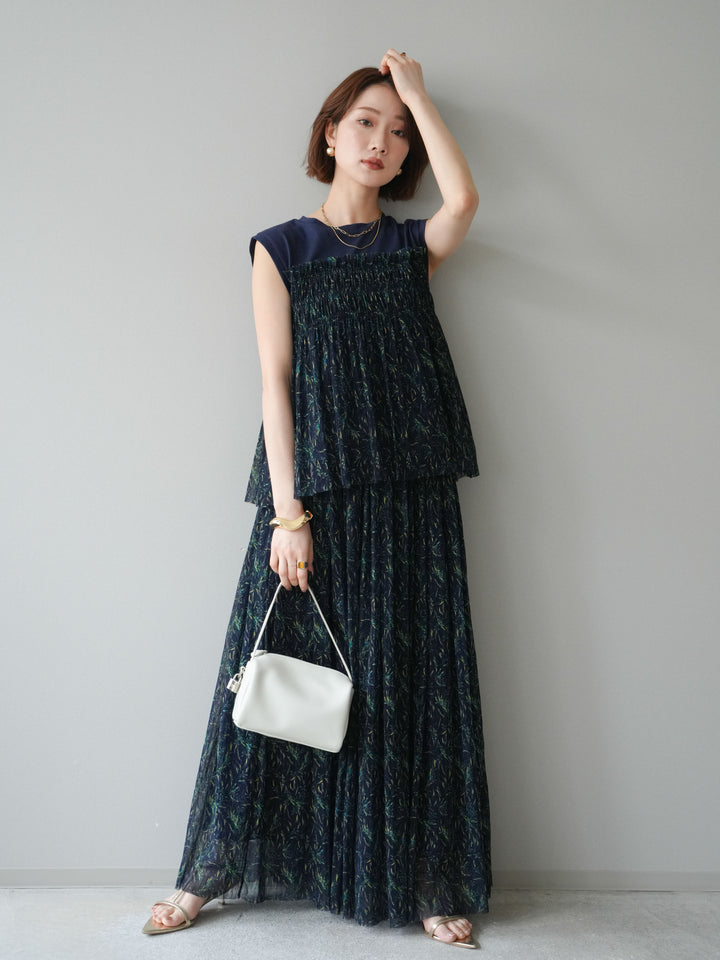 [予約]チュールプリントノースリーブトップス/navy