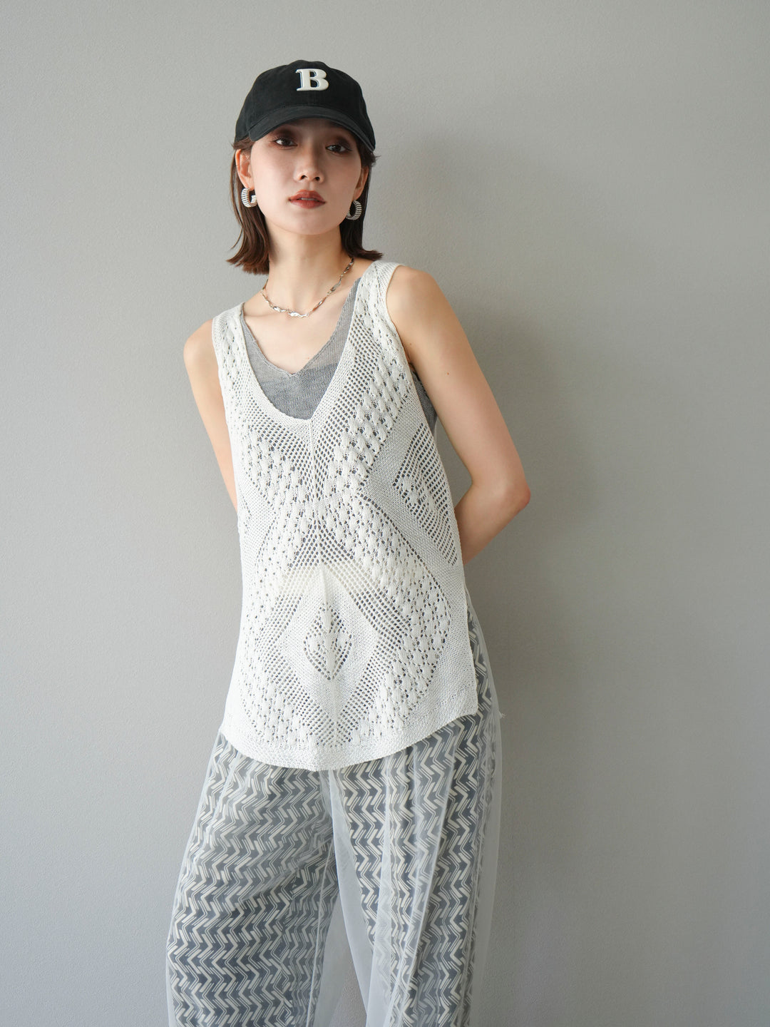 [予約]透かし編みレイヤードニットトップス/ホワイト