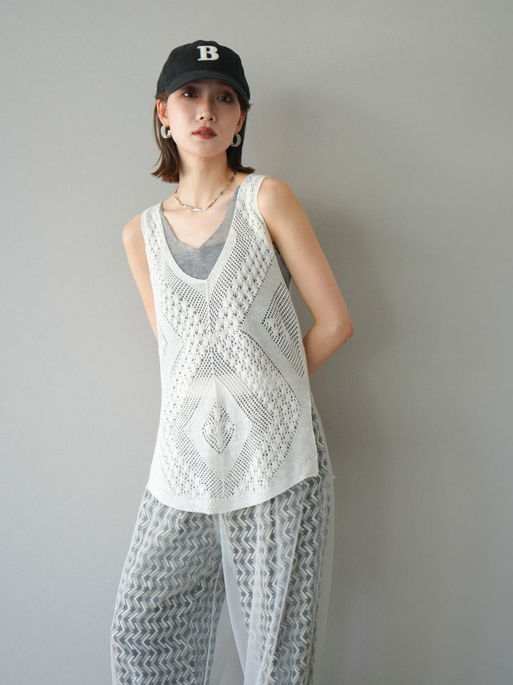 [予約]透かし編みレイヤードニットトップス/ホワイト