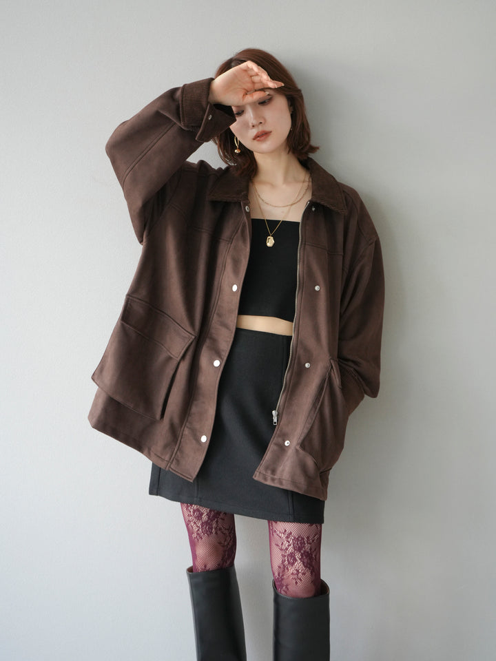 [予約]コーデュロイ襟スウェードミドルジャケット /ブラウン