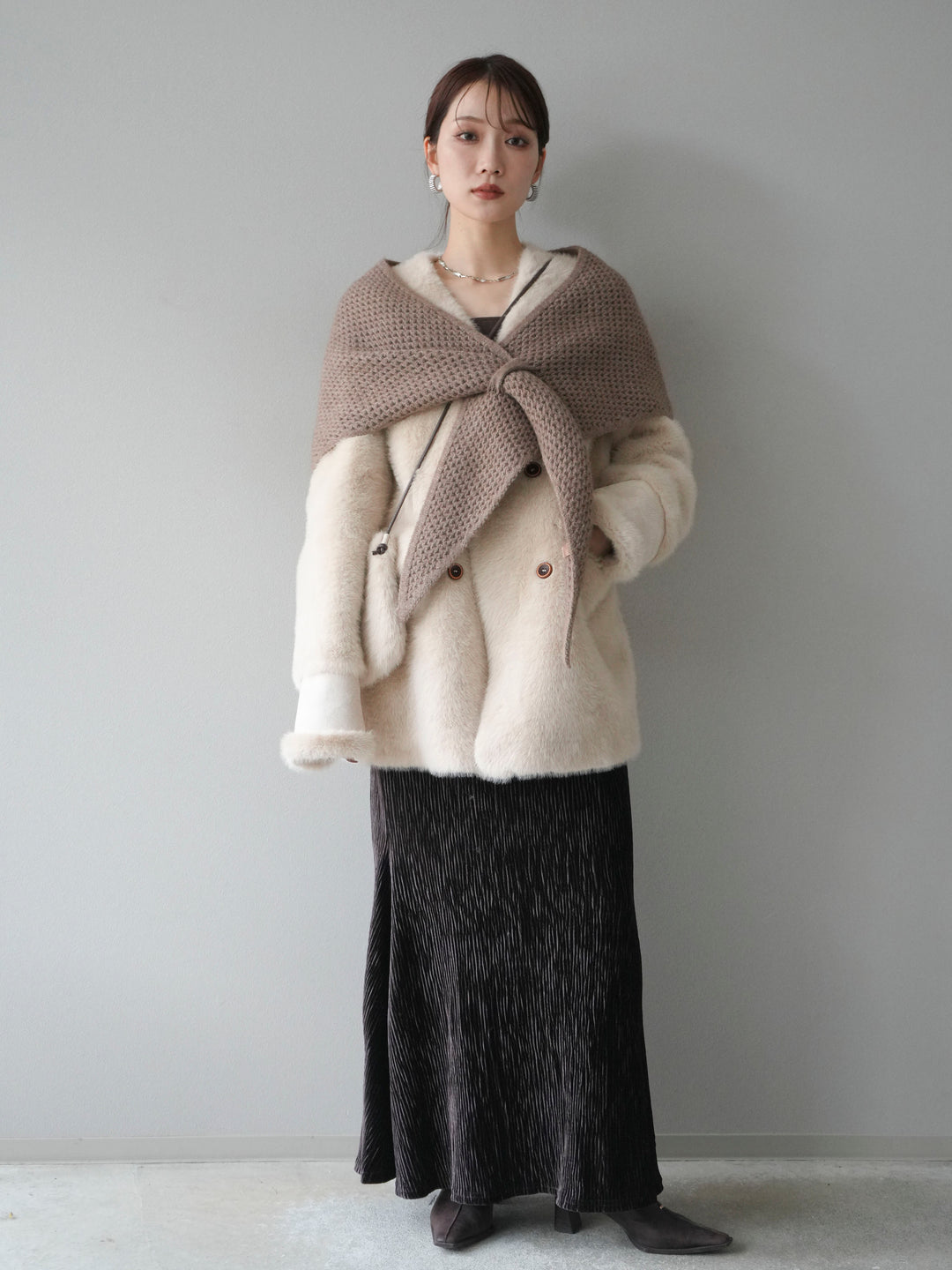 [予約]バッグ付エコファーノーカラーコート/beige