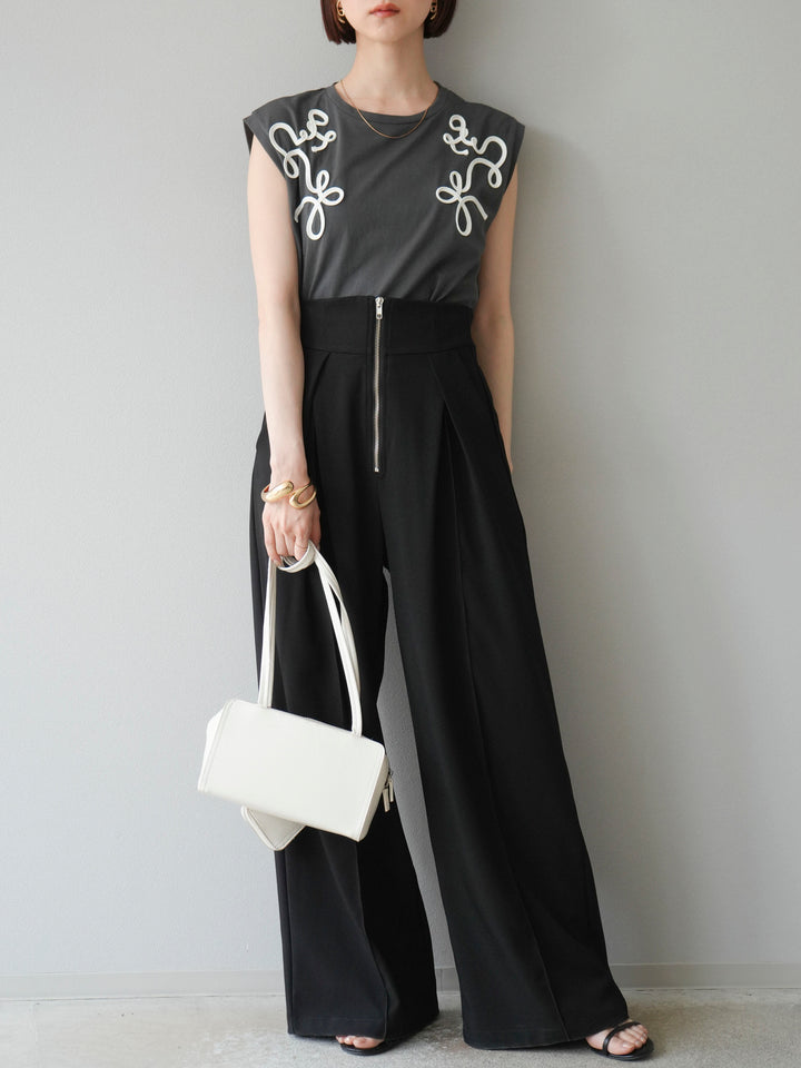 [SET]コード刺繍フレンチスリーブTシャツ+ジップタックワイドパンツ(2set)