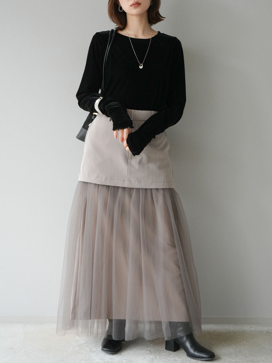 [予約]ストライプ切替チュールスカート/ベージュ