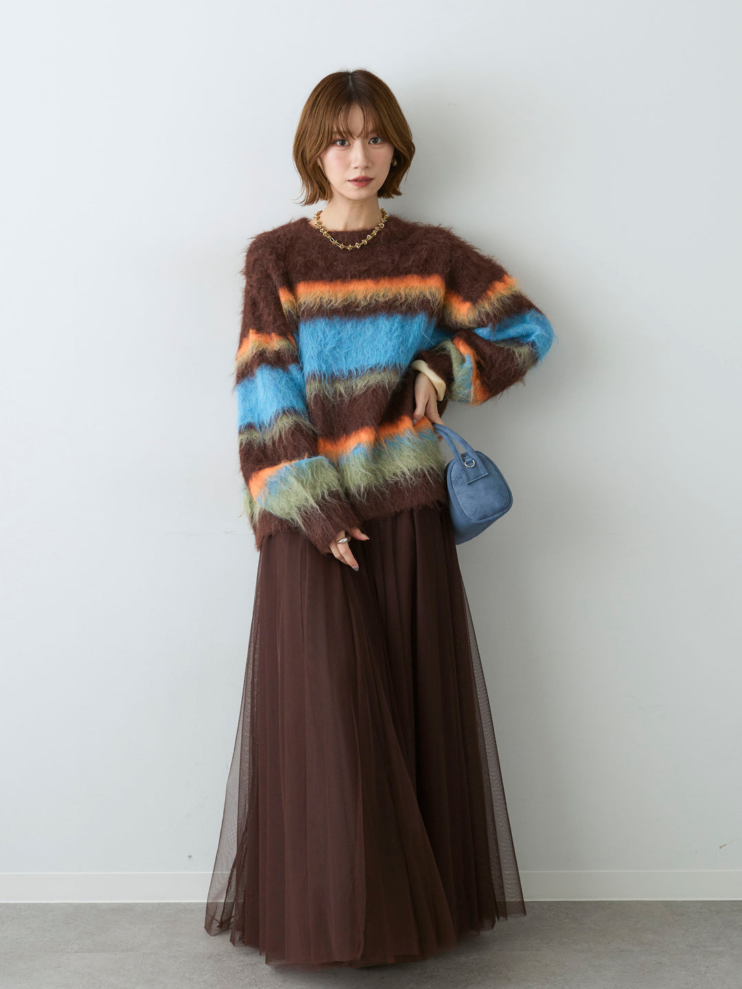 [予約]カラフルボーダーシャギーニットプルオーバー/brown