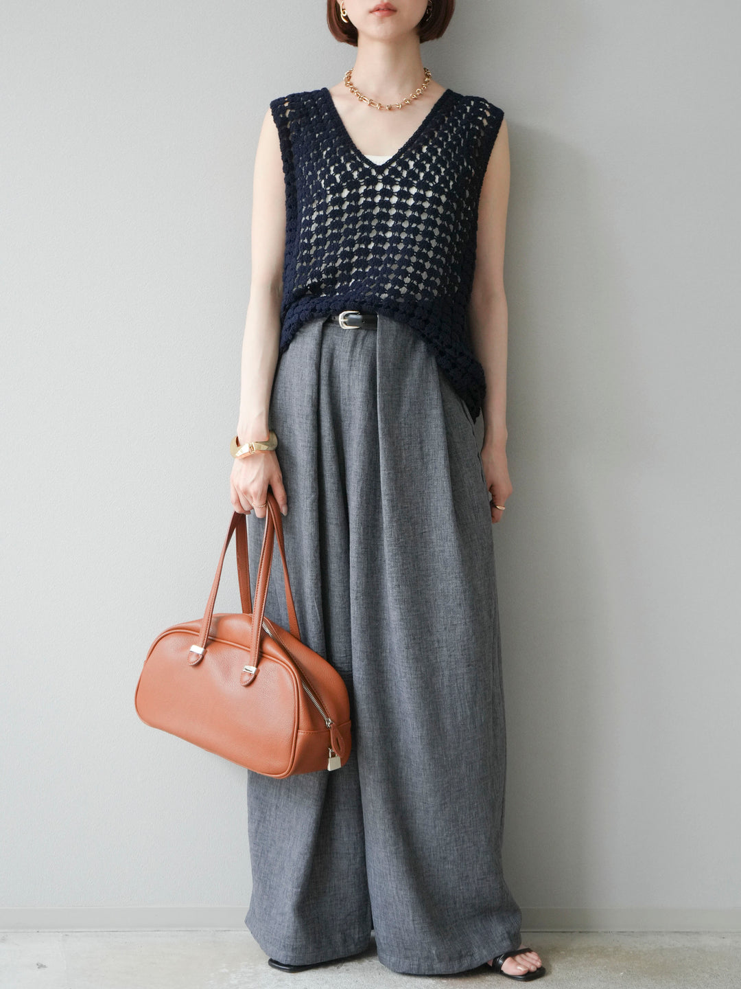 [予約]リネンライクベルト付タックループワイドパンツ/ブラック