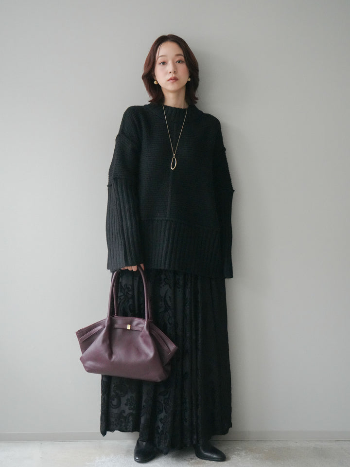 [SET]編み地切替ボトルネックニットプルオーバー+アンティーク柄フロッキーマキシスカート(2set)