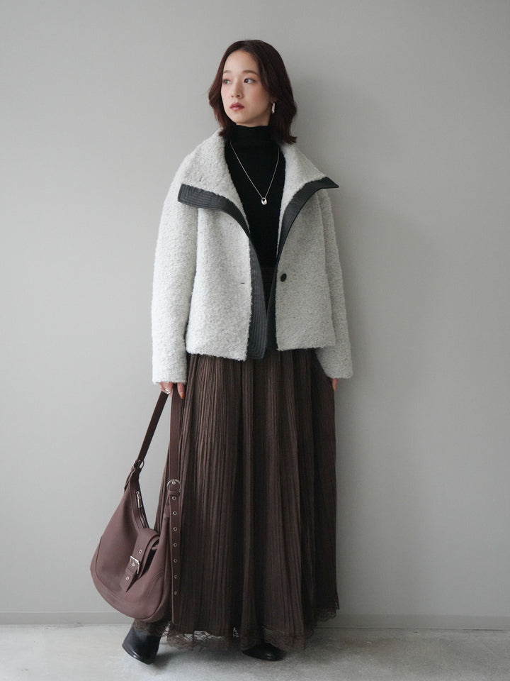 [SET]レザー切替ブークレブルゾン+袖ボタンボトルネックリブニットトップス+裾レーススウェードプリーツマキシスカート(3set)