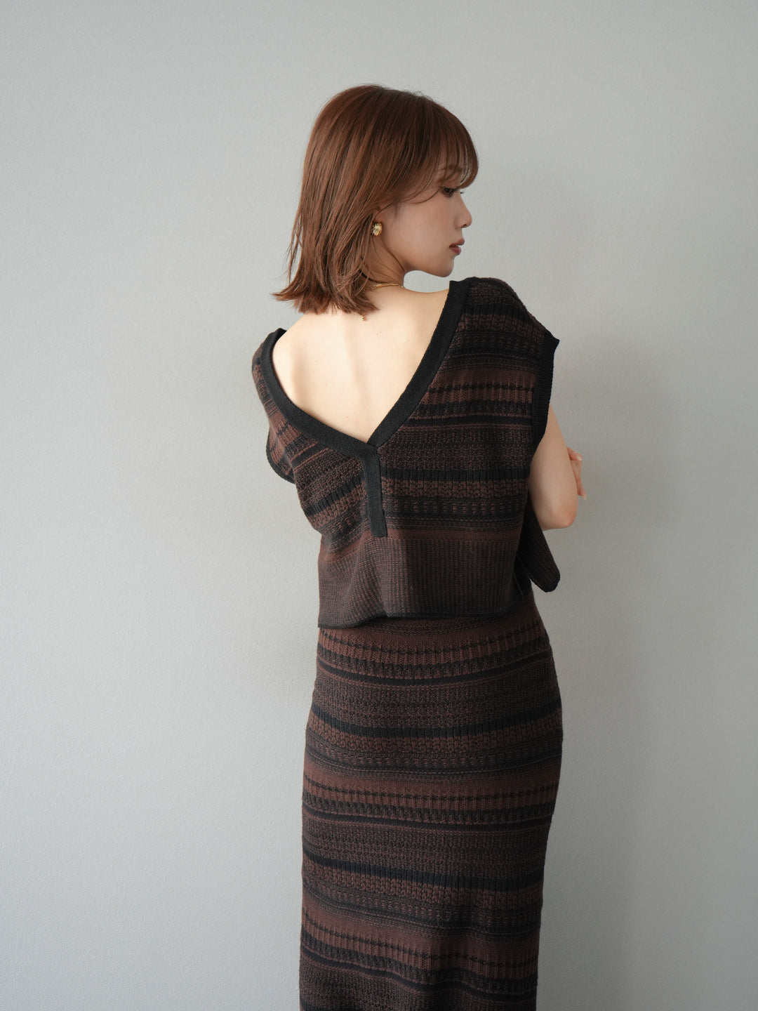[予約]ガーター編み2WAYニットベスト/ブラウン×ブラック