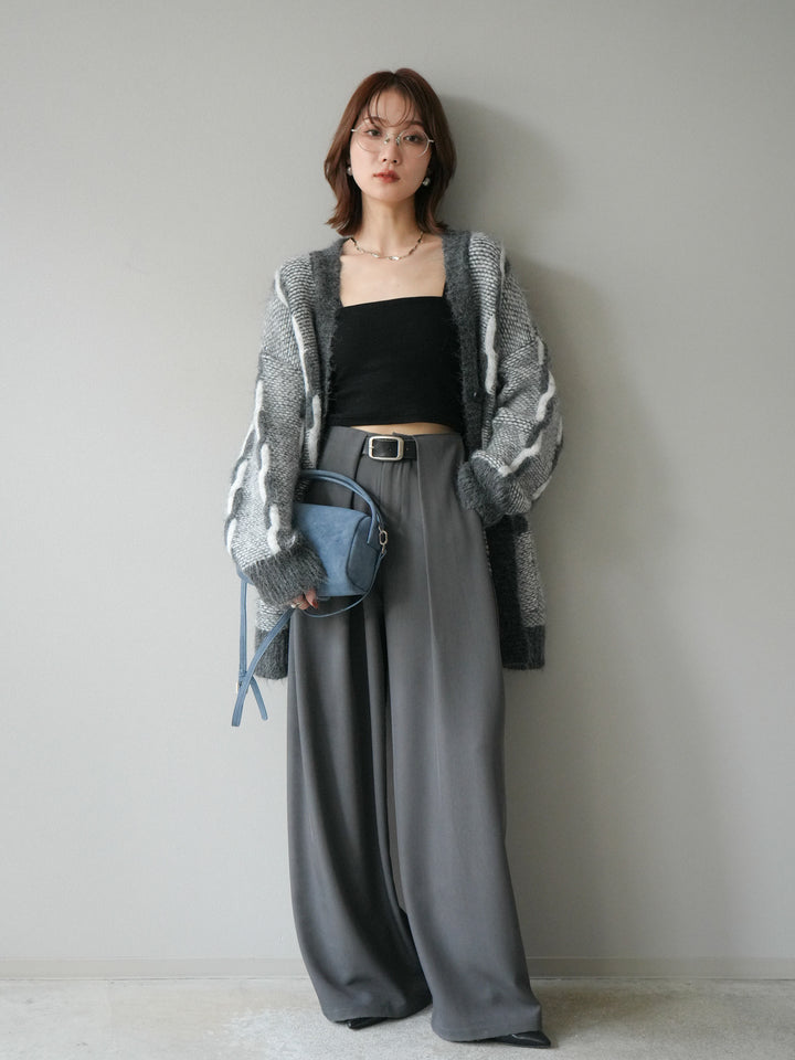 [SET]バイカラー編み込みデザインニットカーディガン+ベルトループデザインワイドパンツ(2set)